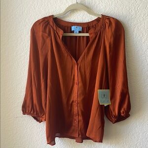 CeCe Orange Puff Sleeve Blouse with Relaxed Fit
